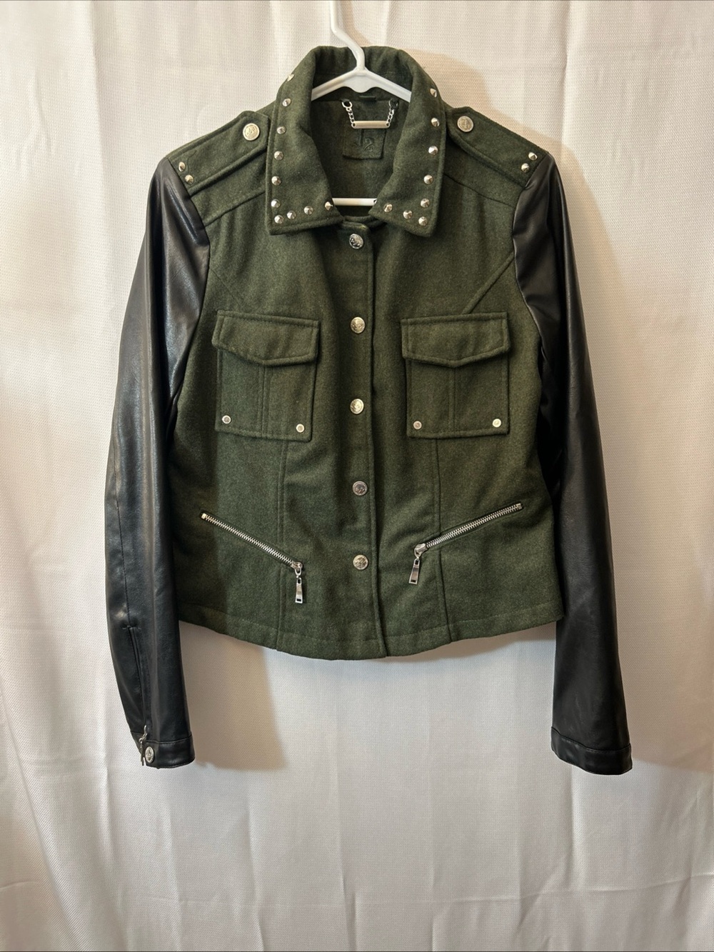 Stud-Trim Olive Green Jacket with Black Faux-Leather Sleeves